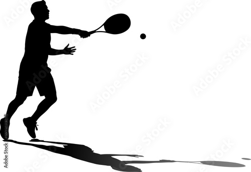 Silhouette of a male tennis player hitting a forehand shot with a tennis ball in mid air dynamic action isolated on white background