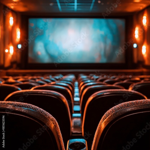 Rows of empty theater seats with a large movie screen showing a blue glow before the film starts