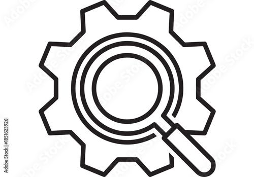 Gear with magnifying glass icon black outline design on transparent background silhouette