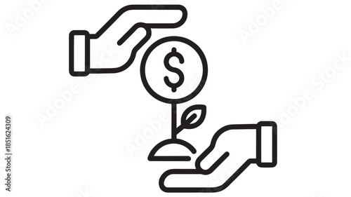 Hands holding a plant growing from a coin on transparent background silhouette