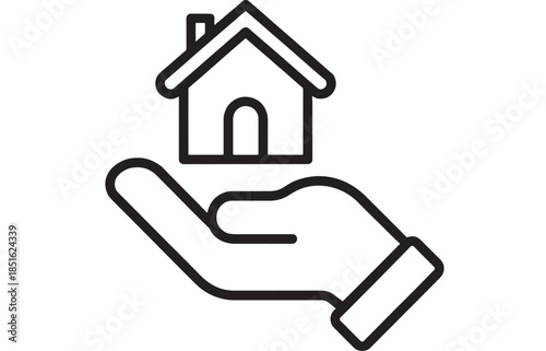 A hand holding a house icon simple line art on transparent background silhouette