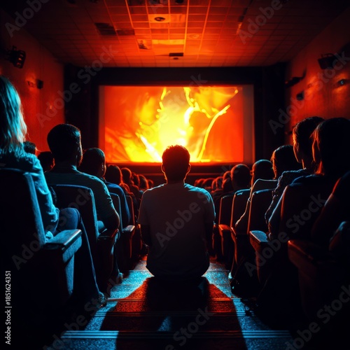 People watching a movie in a dark theater during an evening screening with a bright scene on the screen