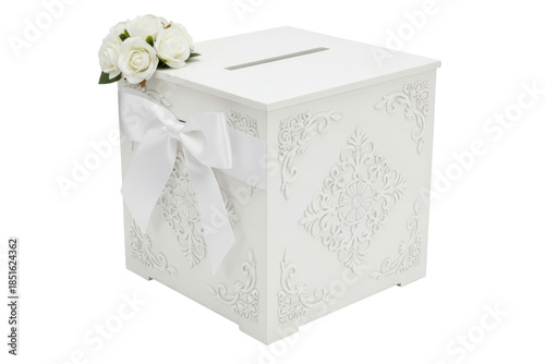 White wooden wedding money box with ribbon and white flowers isolated on a transparent background