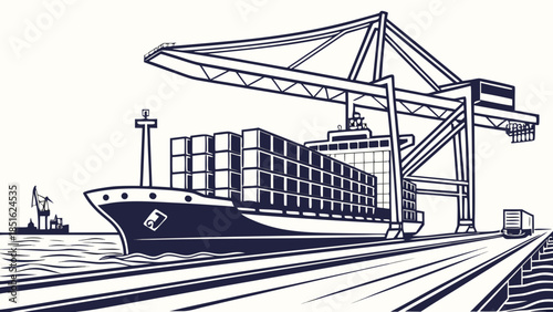 Container ship at port with crane loading cargo.