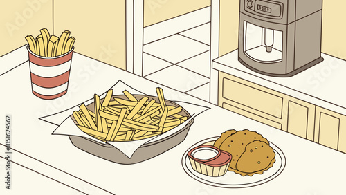 Delicious fried chicken and french fries on a counter with a coffee maker in the background.