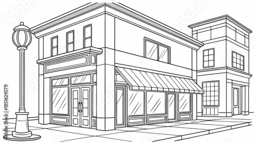 Detailed Line Art Drawing of a Classic Storefront Building with Awning and Streetlight.