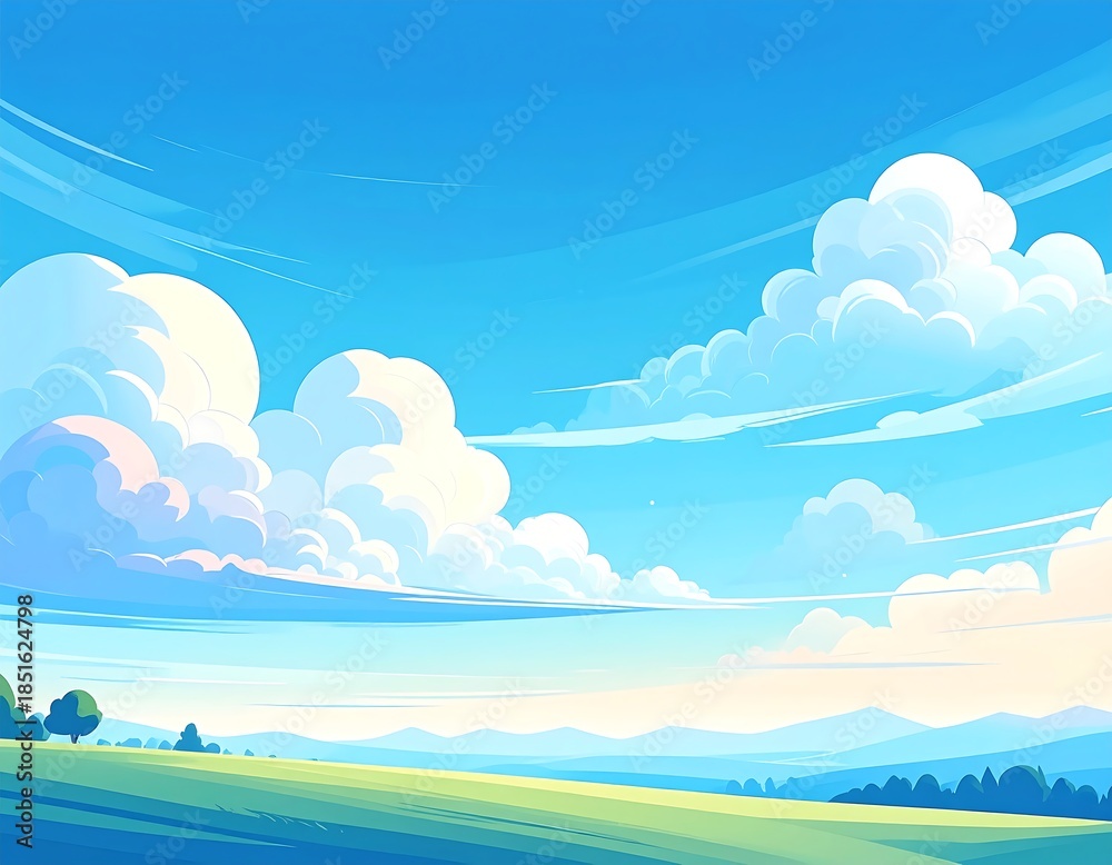 Fototapeta premium Cartoon-style illustration of a sunny day with fluffy clouds