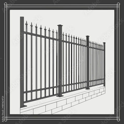 Elegant wrought iron fence with pointed finials on a stone wall.