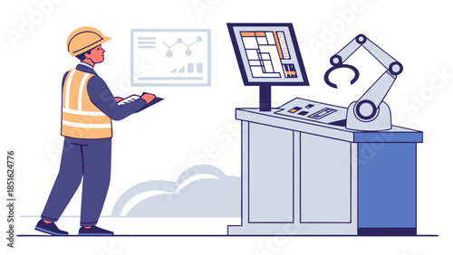 Engineer operating robotic arm in industrial setting.