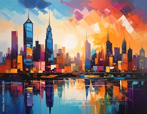 Vivid cityscape painting with a vibrant sunset reflecting