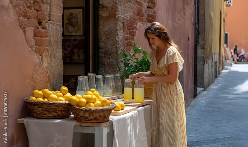 Fototapeta Naklejka Na Ścianę i Meble -   woman in a light summer dress preparing fresh lemonade at a small street stand, on a narrow historic street in Bologna, surrounded by baskets of ripe lemons, glass bottles, cut lemons on wooden board