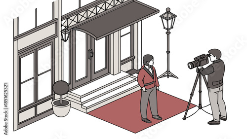 Man being filmed by a cameraman outside a building with a red carpet.
