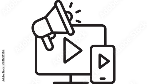 Megaphone broadcasting to screen and mobile devices line art silhouette on transparent background