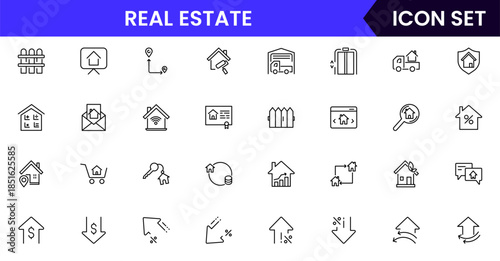 Modern vector web line icons depicting real estate, properties, homes, keys, agents, and investments for housing and property management