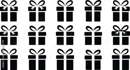 Black and white gift boxes with ribbons in a grid pattern