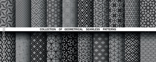 Geometric set of seamless black and gray patterns. Simple vector graphics