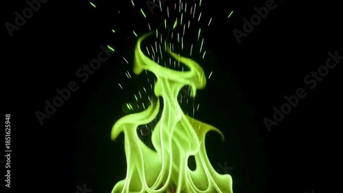 Vibrant Green Fire Flames with Flying Sparks on Black Background