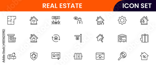 Modern vector web line icons depicting real estate, properties, homes, keys, agents, and investments for housing and property management