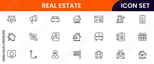 Modern vector web line icons depicting real estate, properties, homes, keys, agents, and investments for housing and property management