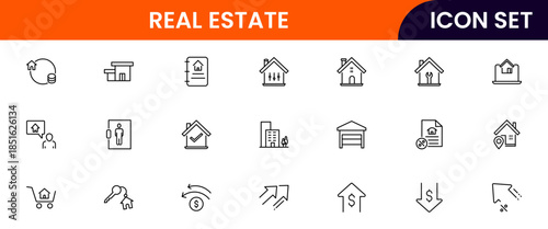 Modern vector web line icons depicting real estate, properties, homes, keys, agents, and investments for housing and property management