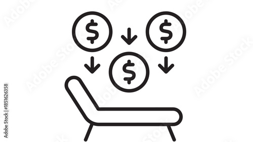 Money falling onto a couch simple line art ideal for financial concepts on transparent background silhouette