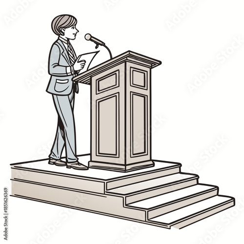 Person speaking at a podium on a stage.
