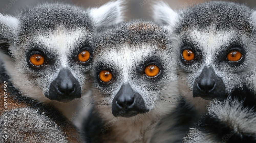 Fototapeta premium A captivating close-up of three ring-tailed lemurs with their bright orange eyes gazing intently