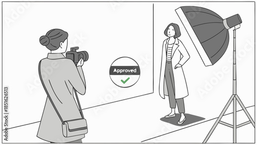 Photographer capturing a model in a studio setting with professional lighting and an approved stamp.