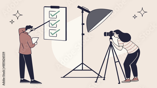 Photographers and assistant preparing for a professional studio photoshoot with equipment.