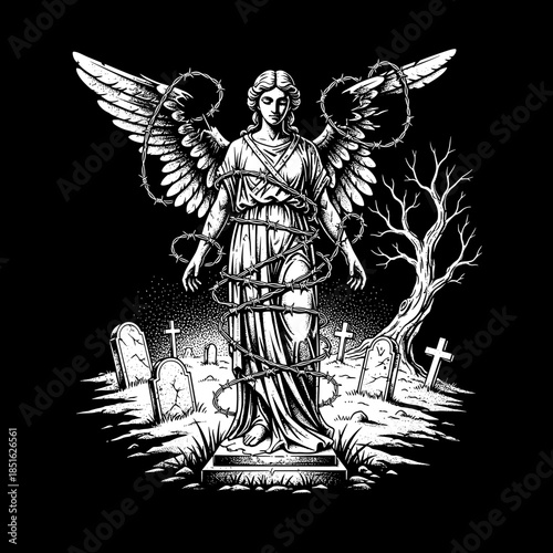 Gothic Angel Statue Bound by Thorns in a Cemetery.