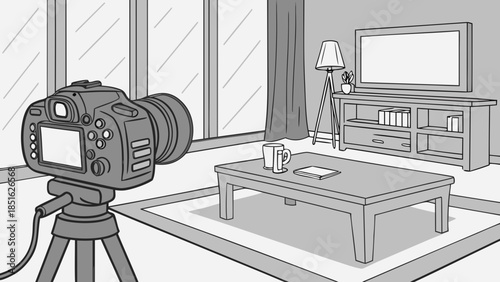 Professional camera on tripod capturing a modern living room interior with large windows.