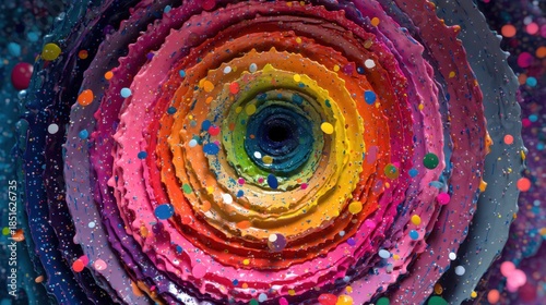 A colorful spiral showcases layers of bright shapes and dots in a circular pattern. The design has a mix of colors that draws the eye to the center.