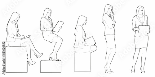 Line art illustration of five women in business attire in various poses