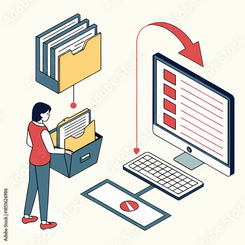 Woman organizing documents and transferring data to a computer system.