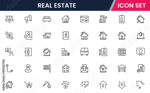 Modern vector web line icons depicting real estate, properties, homes, keys, agents, and investments for housing and property management