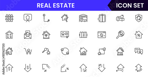 Modern vector web line icons depicting real estate, properties, homes, keys, agents, and investments for housing and property management