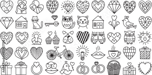 Set of hand drawn love and romance doodles hearts, diamonds, animals, gifts, and symbols for valentines day or wedding
