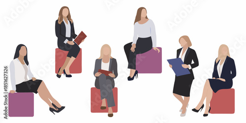 Abstract illustration of women in business attire casually seated on colorful blocks