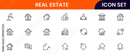 Modern vector web line icons depicting real estate, properties, homes, keys, agents, and investments for housing and property management