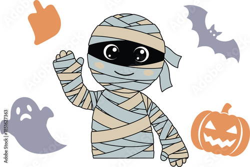Cute mummy with halloween icons