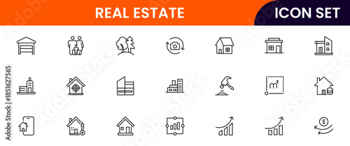Modern vector web line icons depicting real estate, properties, homes, keys, agents, and investments for housing and property management