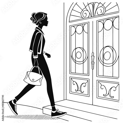 Silhouette of a woman walking past an ornate door