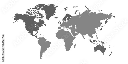 A grayscale world map illustration showing continents and regional landmasses