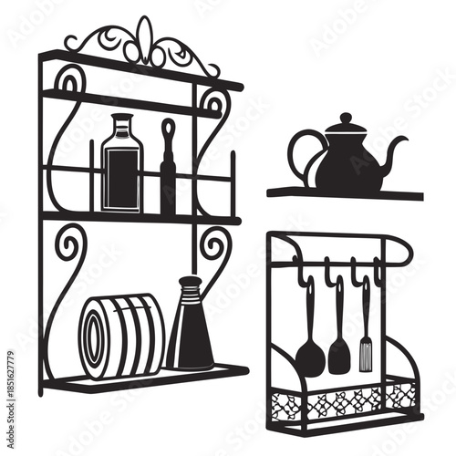 Kitchen utensils and shelves