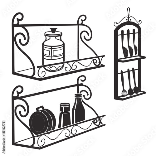 Decorative kitchen shelves with utensils and spices