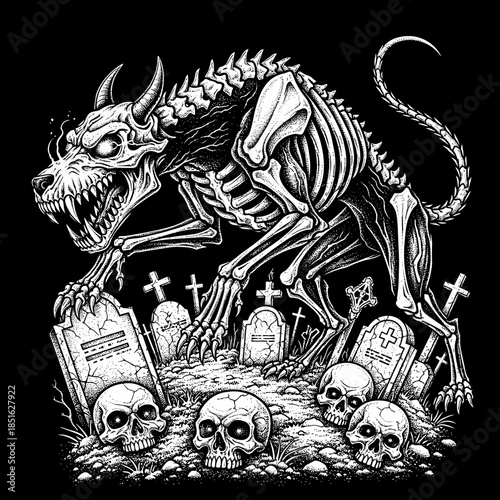 Terrifying Skeleton Dog Creature in a Graveyard.