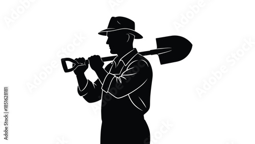 Silhouette of a farmer or laborer wearing a hat and holding a shovel across his shoulders