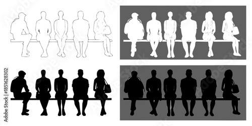 Silhouettes of people sitting on a bench shown in varying contrast levels