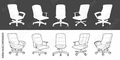 Line art showcasing different perspectives of modern office chairs