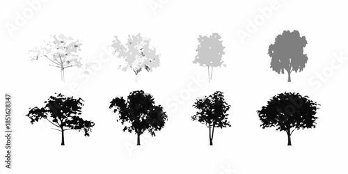 Variation of tree silhouettes showing different levels of detail and shading